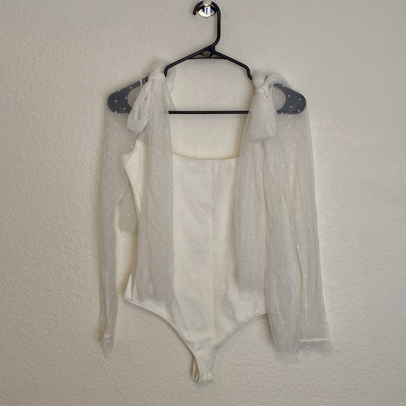 NWOT Free People Bodysuit Tongue Tied Ivory Sheer Bowtie Square Neck Long Sleeve - Picture 4 of 7